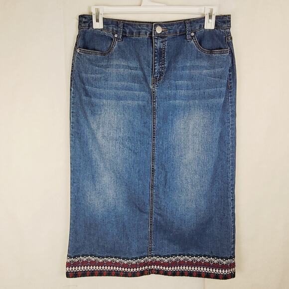 Christopher and Banks embroidered denim midi skirt Size 12 back slit Y2K Boho - Picture 1 of 10